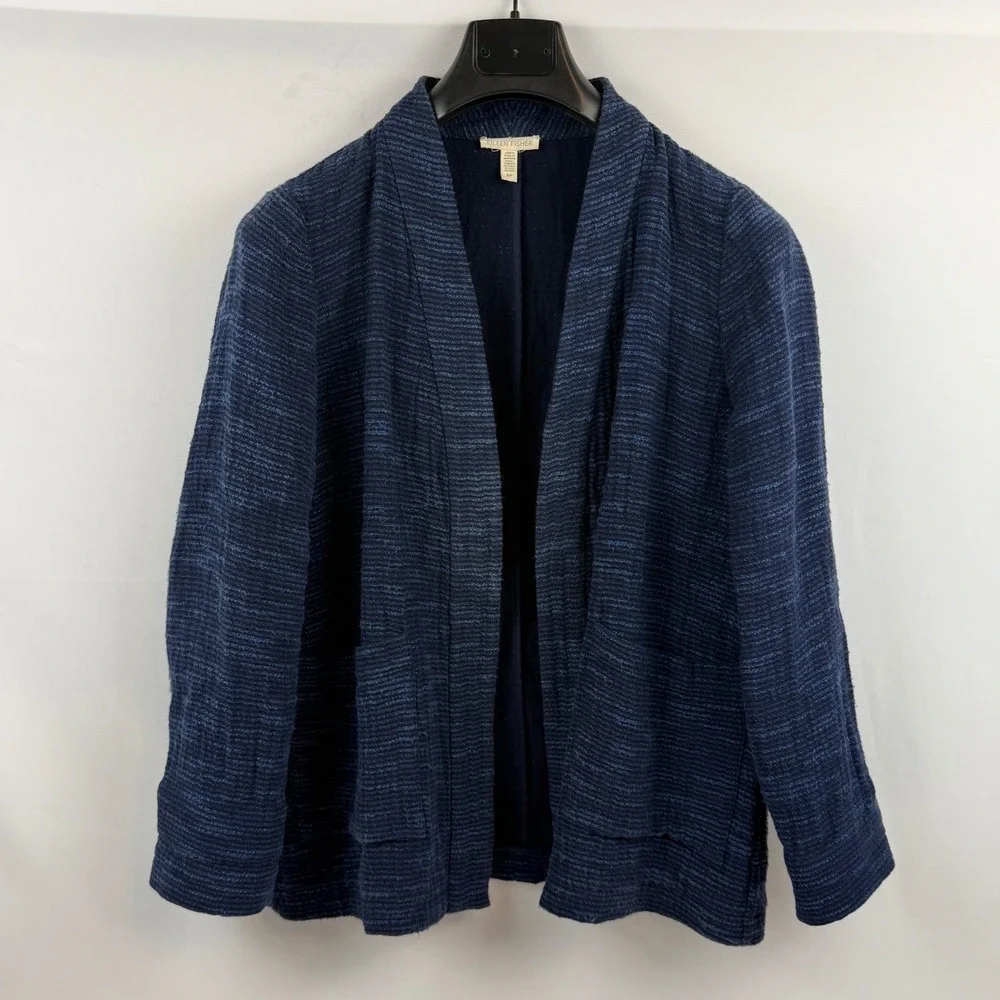Eileen Fisher Indigo Blue Marled Cotton Open Front Cardigan Jacket‎ S/P F17RYS
